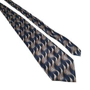 Vintage Designer Pierre Cardin Men Wavy Pattern Silk Tie Blue Silver Tan Dad